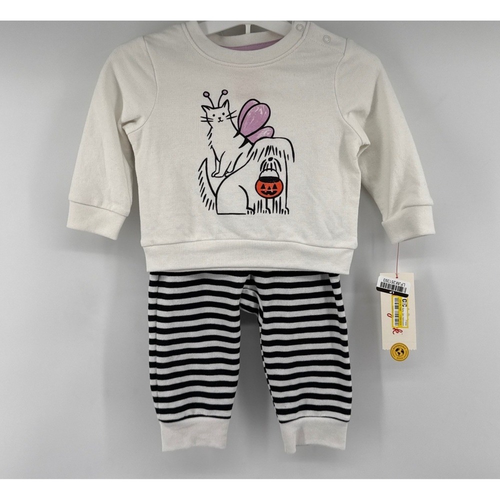 Cat & Jack Baby Halloween Cat Dog Pumpkin Sweatshirt and Striped Pants Set 6-9M
